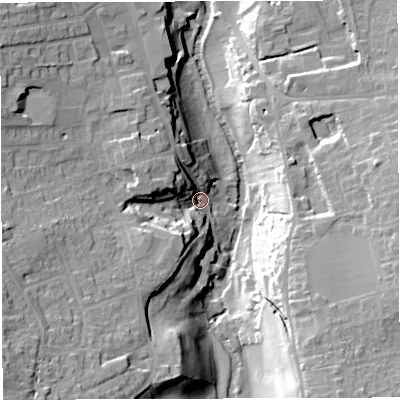 Shaded relief map of the ground around BS311ES, computed from Environment Agency LiDAR. The ground here sits at about 15 m above sea level and falls 30 m across the surrounding 800 m. Surface water reaching this point runs off ground lying to the south-west, 27.2 m higher.