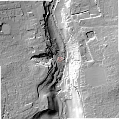 Shaded relief map of the ground around BS311EU, computed from Environment Agency LiDAR. The ground here sits at about 13 m above sea level and falls 29 m across the surrounding 800 m. Surface water reaching this point runs off ground lying to the south-west, 27.3 m higher.