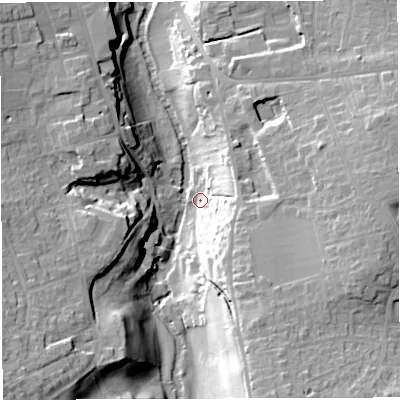 Shaded relief map of the ground around BS311EX, computed from Environment Agency LiDAR. The ground here sits at about 14 m above sea level and falls 28 m across the surrounding 800 m. Surface water reaching this point runs off ground lying to the south-south-east, 24.4 m higher.