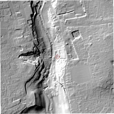 Shaded relief map of the ground around BS311EY, computed from Environment Agency LiDAR. The ground here sits at about 14 m above sea level and falls 28 m across the surrounding 800 m. Surface water reaching this point runs off ground lying to the south-south-east, 25.6 m higher.