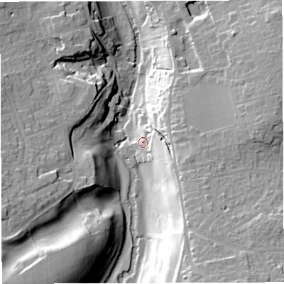 Shaded relief map of the ground around BS311EZ, computed from Environment Agency LiDAR. The ground here sits at about 17 m above sea level and falls 34 m across the surrounding 800 m. Surface water reaching this point runs off ground lying to the east, 16.2 m higher.