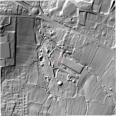 Shaded relief map of the ground around BS311GD, computed from Environment Agency LiDAR. The ground here sits at about 20 m above sea level and falls 21 m across the surrounding 800 m. Surface water reaching this point runs off ground lying to the south, 8.7 m higher.