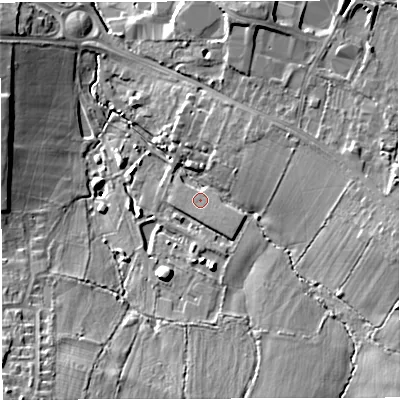 Shaded relief map of the ground around BS311GE, computed from Environment Agency LiDAR. The ground here sits at about 21 m above sea level and falls 20 m across the surrounding 800 m. Surface water reaching this point runs off ground lying to the east-south-east, 11.1 m higher.