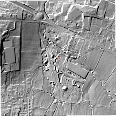 Shaded relief map of the ground around BS311GF, computed from Environment Agency LiDAR. The ground here sits at about 19 m above sea level and falls 21 m across the surrounding 800 m. Surface water reaching this point runs off ground lying to the south-south-east, 2.5 m higher.