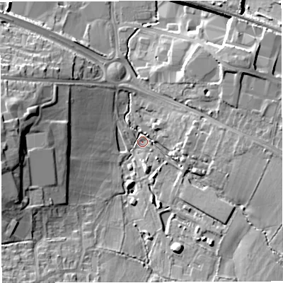 Shaded relief map of the ground around BS311GG, computed from Environment Agency LiDAR. The ground here sits at about 17 m above sea level and falls 19 m across the surrounding 800 m. Surface water reaching this point runs off ground lying to the west, 18.7 m higher.