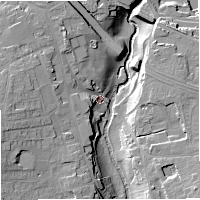 Shaded relief map of the ground around BS311HG, computed from Environment Agency LiDAR. The ground here sits at about 16 m above sea level and falls 29 m across the surrounding 800 m. Surface water reaching this point runs off ground lying to the west, 19.4 m higher.