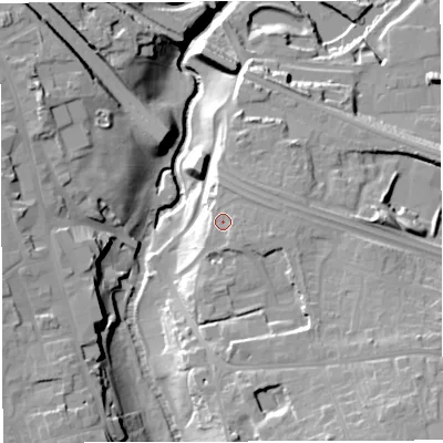 Shaded relief map of the ground around BS311LP, computed from Environment Agency LiDAR. The ground here sits at about 23 m above sea level and falls 27 m across the surrounding 800 m. Surface water reaching this point runs off ground lying to the east-south-east, 2.0 m higher.