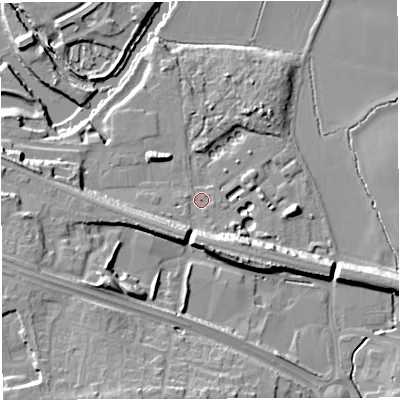Shaded relief map of the ground around BS311NH, computed from Environment Agency LiDAR. The ground here sits at about 14 m above sea level and falls 22 m across the surrounding 800 m. Surface water reaching this point runs off ground lying to the south-west, 12.2 m higher.