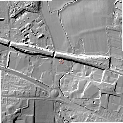 Shaded relief map of the ground around BS311SA, computed from Environment Agency LiDAR. The ground here sits at about 15 m above sea level and falls 23 m across the surrounding 800 m. Surface water reaching this point runs off ground lying to the south-east, 11.4 m higher.