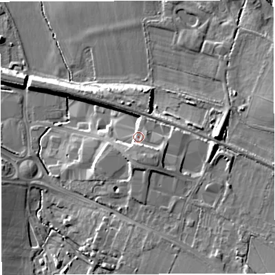 Shaded relief map of the ground around BS311SX, computed from Environment Agency LiDAR. The ground here sits at about 22 m above sea level and falls 19 m across the surrounding 800 m. Surface water reaching this point runs off ground lying to the south, 6.7 m higher.