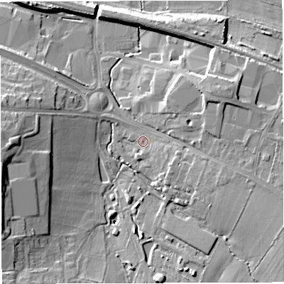 Shaded relief map of the ground around BS311TA, computed from Environment Agency LiDAR. The ground here sits at about 19 m above sea level and falls 18 m across the surrounding 800 m. Surface water reaching this point runs off ground lying to the west-south-west, 16.6 m higher.