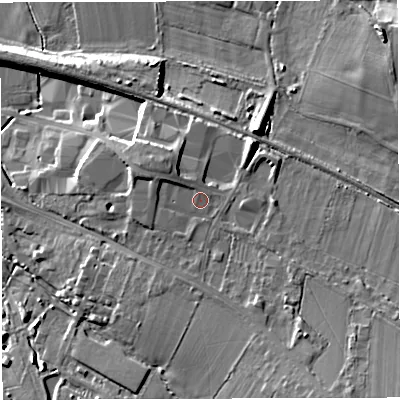 Shaded relief map of the ground around BS311TP, computed from Environment Agency LiDAR. The ground here sits at about 23 m above sea level and falls 20 m across the surrounding 800 m. Surface water reaching this point runs off ground lying to the north-west, 1.1 m higher.