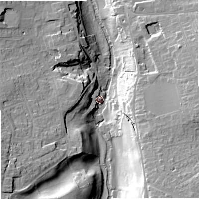 Shaded relief map of the ground around BS311UL, computed from Environment Agency LiDAR. The ground here sits at about 15 m above sea level and falls 31 m across the surrounding 800 m. Surface water reaching this point runs off ground lying to the south-south-east, 30.6 m higher.