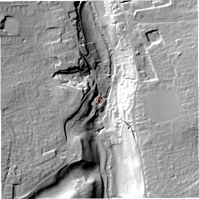 Shaded relief map of the ground around BS311UP, computed from Environment Agency LiDAR. The ground here sits at about 14 m above sea level and falls 30 m across the surrounding 800 m. Surface water reaching this point runs off ground lying to the south-south-east, 29.8 m higher.