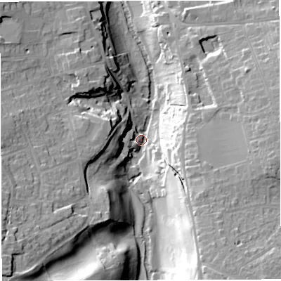 Shaded relief map of the ground around BS311UR, computed from Environment Agency LiDAR. The ground here sits at about 13 m above sea level and falls 30 m across the surrounding 800 m. Surface water reaching this point runs off ground lying to the south-south-east, 30.4 m higher.
