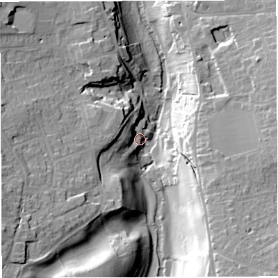 Shaded relief map of the ground around BS311US, computed from Environment Agency LiDAR. The ground here sits at about 16 m above sea level and falls 31 m across the surrounding 800 m. Surface water reaching this point runs off ground lying to the south-east, 30.7 m higher.