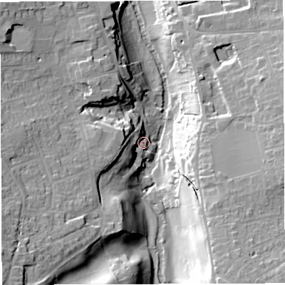Shaded relief map of the ground around BS311UW, computed from Environment Agency LiDAR. The ground here sits at about 16 m above sea level and falls 30 m across the surrounding 800 m. Surface water reaching this point runs off ground lying to the south-west, 30.2 m higher.