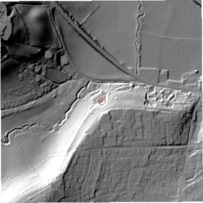 Shaded relief map of the ground around BS312AA, computed from Environment Agency LiDAR. The ground here sits at about 22 m above sea level and falls 51 m across the surrounding 800 m. Surface water reaching this point runs off ground lying to the south, 16.5 m higher.