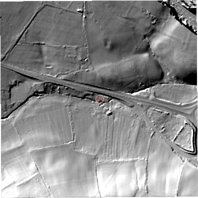 Shaded relief map of the ground around BS312AB, computed from Environment Agency LiDAR. The ground here sits at about 29 m above sea level and falls 48 m across the surrounding 800 m. Surface water reaching this point runs off ground lying to the south-south-west, 35.9 m higher.
