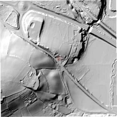 Shaded relief map of the ground around BS312AF, computed from Environment Agency LiDAR. The ground here sits at about 31 m above sea level and falls 65 m across the surrounding 800 m. Surface water reaching this point runs off ground lying to the west-south-west, 39.7 m higher.