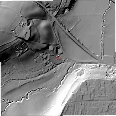 Shaded relief map of the ground around BS312AH, computed from Environment Agency LiDAR. The ground here sits at about 17 m above sea level and falls 61 m across the surrounding 800 m. Surface water reaching this point runs off ground lying to the north-west, 45.0 m higher.