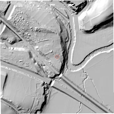 Shaded relief map of the ground around BS312AJ, computed from Environment Agency LiDAR. The ground here sits at about 24 m above sea level and falls 44 m across the surrounding 800 m. Surface water reaching this point runs off ground lying to the north-west, 6.7 m higher.