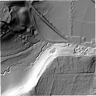 Shaded relief map of the ground around BS312AL, computed from Environment Agency LiDAR. The ground here sits at about 14 m above sea level and falls 53 m across the surrounding 800 m. Surface water reaching this point runs off ground lying to the south, 30.3 m higher.