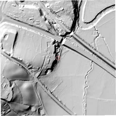 Shaded relief map of the ground around BS312AQ, computed from Environment Agency LiDAR. The ground here sits at about 12 m above sea level and falls 55 m across the surrounding 800 m. Surface water reaching this point runs off ground lying to the west, 31.5 m higher.