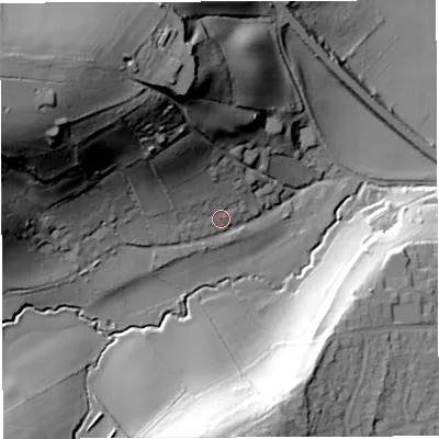 Shaded relief map of the ground around BS312AW, computed from Environment Agency LiDAR. The ground here sits at about 20 m above sea level and falls 63 m across the surrounding 800 m. Surface water reaching this point runs off ground lying to the north-west, 32.1 m higher.
