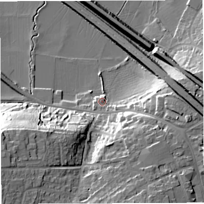 Shaded relief map of the ground around BS312BD, computed from Environment Agency LiDAR. The ground here sits at about 14 m above sea level and falls 30 m across the surrounding 800 m. Surface water reaching this point runs off ground lying to the west-north-west, 0.6 m higher.