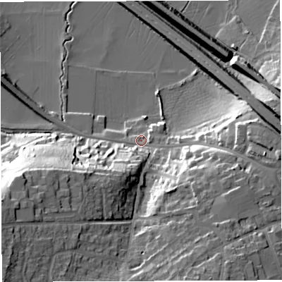 Shaded relief map of the ground around BS312BE, computed from Environment Agency LiDAR. The ground here sits at about 13 m above sea level and falls 32 m across the surrounding 800 m. Surface water reaching this point runs off ground lying to the south-west, 27.5 m higher.