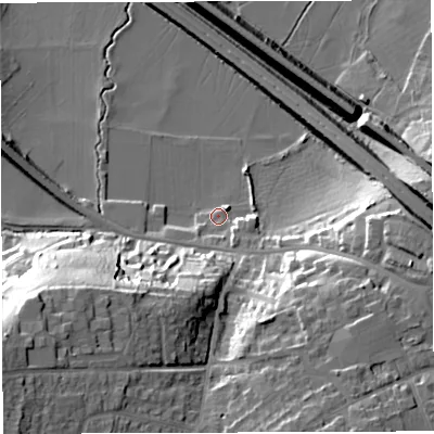 Shaded relief map of the ground around BS312BG, computed from Environment Agency LiDAR. The ground here sits at about 11 m above sea level and falls 32 m across the surrounding 800 m. Surface water reaching this point runs off ground lying to the east-south-east, 5.1 m higher.