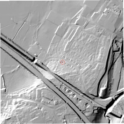 Shaded relief map of the ground around BS312BY, computed from Environment Agency LiDAR. The ground here sits at about 17 m above sea level and falls 22 m across the surrounding 800 m. Surface water reaching this point runs off ground lying to the south-east, 10.7 m higher.