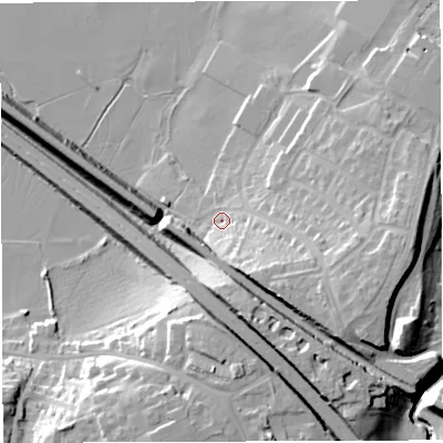 Shaded relief map of the ground around BS312DA, computed from Environment Agency LiDAR. The ground here sits at about 14 m above sea level and falls 21 m across the surrounding 800 m. Surface water reaching this point runs off ground lying to the south-south-east, 11.7 m higher.