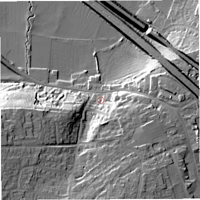 Shaded relief map of the ground around BS312DP, computed from Environment Agency LiDAR. The ground here sits at about 16 m above sea level and falls 29 m across the surrounding 800 m. Surface water reaching this point runs off ground lying to the south-west, 23.0 m higher.