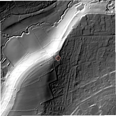 Shaded relief map of the ground around BS312EB, computed from Environment Agency LiDAR. The ground here sits at about 48 m above sea level and falls 45 m across the surrounding 800 m. Surface water reaching this point runs off ground lying to the west-south-west, 3.7 m higher.