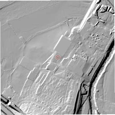 Shaded relief map of the ground around BS312FW, computed from Environment Agency LiDAR. The ground here sits at about 15 m above sea level and falls 19 m across the surrounding 800 m. Surface water reaching this point runs off ground lying to the south-east, 1.9 m higher.