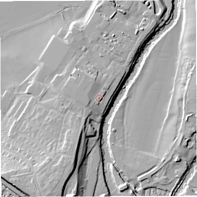 Shaded relief map of the ground around BS312FY, computed from Environment Agency LiDAR. The ground here sits at about 16 m above sea level and falls 21 m across the surrounding 800 m. Surface water reaching this point runs off ground lying to the west-south-west, 2.0 m higher.