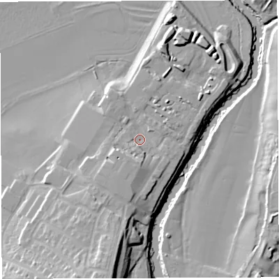 Shaded relief map of the ground around BS312FZ, computed from Environment Agency LiDAR. The ground here sits at about 14 m above sea level and falls 18 m across the surrounding 800 m. Surface water reaching this point runs off ground lying to the south-south-west, 4.3 m higher.