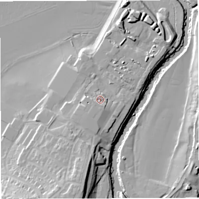 Shaded relief map of the ground around BS312GA, computed from Environment Agency LiDAR. The ground here sits at about 16 m above sea level and falls 19 m across the surrounding 800 m. Surface water reaching this point runs off ground lying to the south-west, 2.3 m higher.