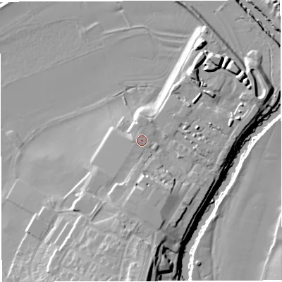 Shaded relief map of the ground around BS312GB, computed from Environment Agency LiDAR. The ground here sits at about 15 m above sea level and falls 17 m across the surrounding 800 m. The ground contributing surface water to this point lies to the west-south-west.