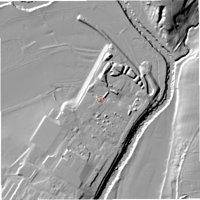 Shaded relief map of the ground around BS312GD, computed from Environment Agency LiDAR. The ground here sits at about 15 m above sea level and falls 25 m across the surrounding 800 m. Surface water reaching this point runs off ground lying to the north-east, 1.7 m higher.