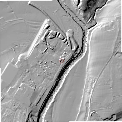 Shaded relief map of the ground around BS312GE, computed from Environment Agency LiDAR. The ground here sits at about 14 m above sea level and falls 21 m across the surrounding 800 m. Surface water reaching this point runs off ground lying to the west, 3.0 m higher.