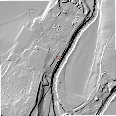 Shaded relief map of the ground around BS312GF, computed from Environment Agency LiDAR. The ground here sits at about 14 m above sea level and falls 20 m across the surrounding 800 m. Surface water reaching this point runs off ground lying to the north-west, 4.3 m higher.