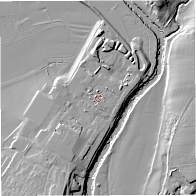 Shaded relief map of the ground around BS312GU, computed from Environment Agency LiDAR. The ground here sits at about 14 m above sea level and falls 17 m across the surrounding 800 m. Surface water reaching this point runs off ground lying to the north, 2.1 m higher.