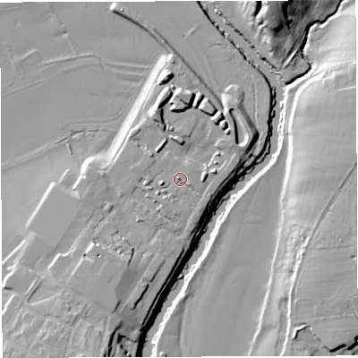 Shaded relief map of the ground around BS312GW, computed from Environment Agency LiDAR. The ground here sits at about 15 m above sea level and falls 21 m across the surrounding 800 m. Surface water reaching this point runs off ground lying to the west-south-west, 2.8 m higher.