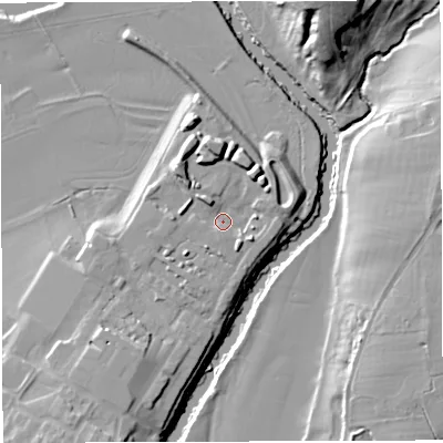 Shaded relief map of the ground around BS312GX, computed from Environment Agency LiDAR. The ground here sits at about 13 m above sea level and falls 24 m across the surrounding 800 m. Surface water reaching this point runs off ground lying to the north-west, 5.0 m higher.