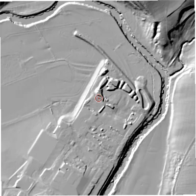 Shaded relief map of the ground around BS312GZ, computed from Environment Agency LiDAR. The ground here sits at about 14 m above sea level and falls 34 m across the surrounding 800 m. Surface water reaching this point runs off ground lying to the north, 3.9 m higher.