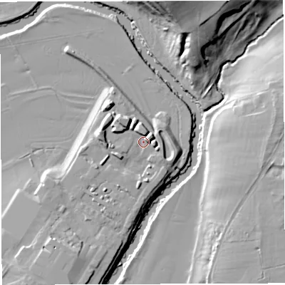 Shaded relief map of the ground around BS312HX, computed from Environment Agency LiDAR. The ground here sits at about 13 m above sea level and falls 34 m across the surrounding 800 m. Surface water reaching this point runs off ground lying to the north-west, 6.3 m higher.