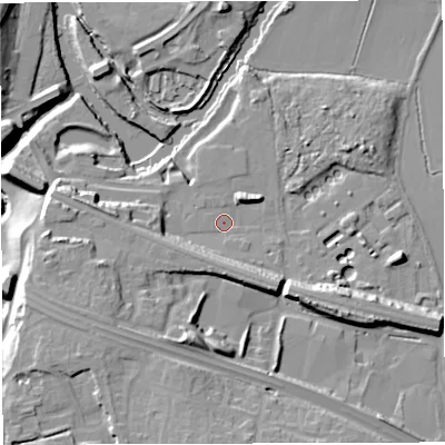 Shaded relief map of the ground around BS312HZ, computed from Environment Agency LiDAR. The ground here sits at about 13 m above sea level and falls 20 m across the surrounding 800 m. Surface water reaching this point runs off ground lying to the south-south-west, 12.9 m higher.